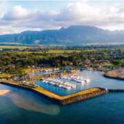 View from the air of Haleiwa Boat Harbor, Oahu, Hawaii.